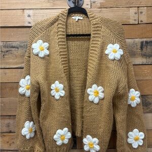 Chic Tan Cardigan with Floral Design